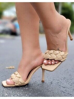 Women’s Nude Braided Square Toe Stiletto Sandals Faux Leather